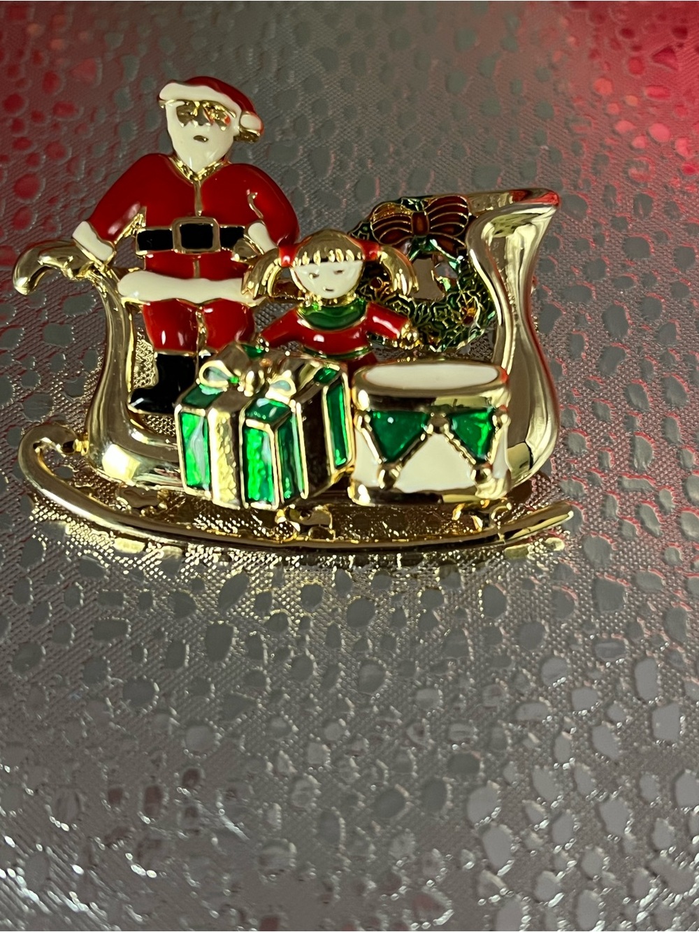 Vintage brooch Holiday Santa and doll in Sleigh brooch in Red and Green